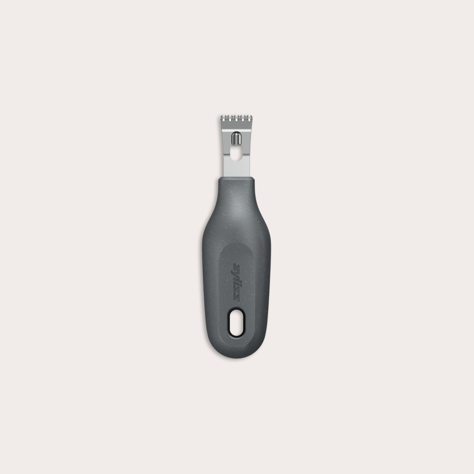 The Zyliss 2-In-1 Zester, made of stainless steel with a black ergonomic handle and a hole at the base, is an eco-friendly kitchen tool shown against a plain light background. 