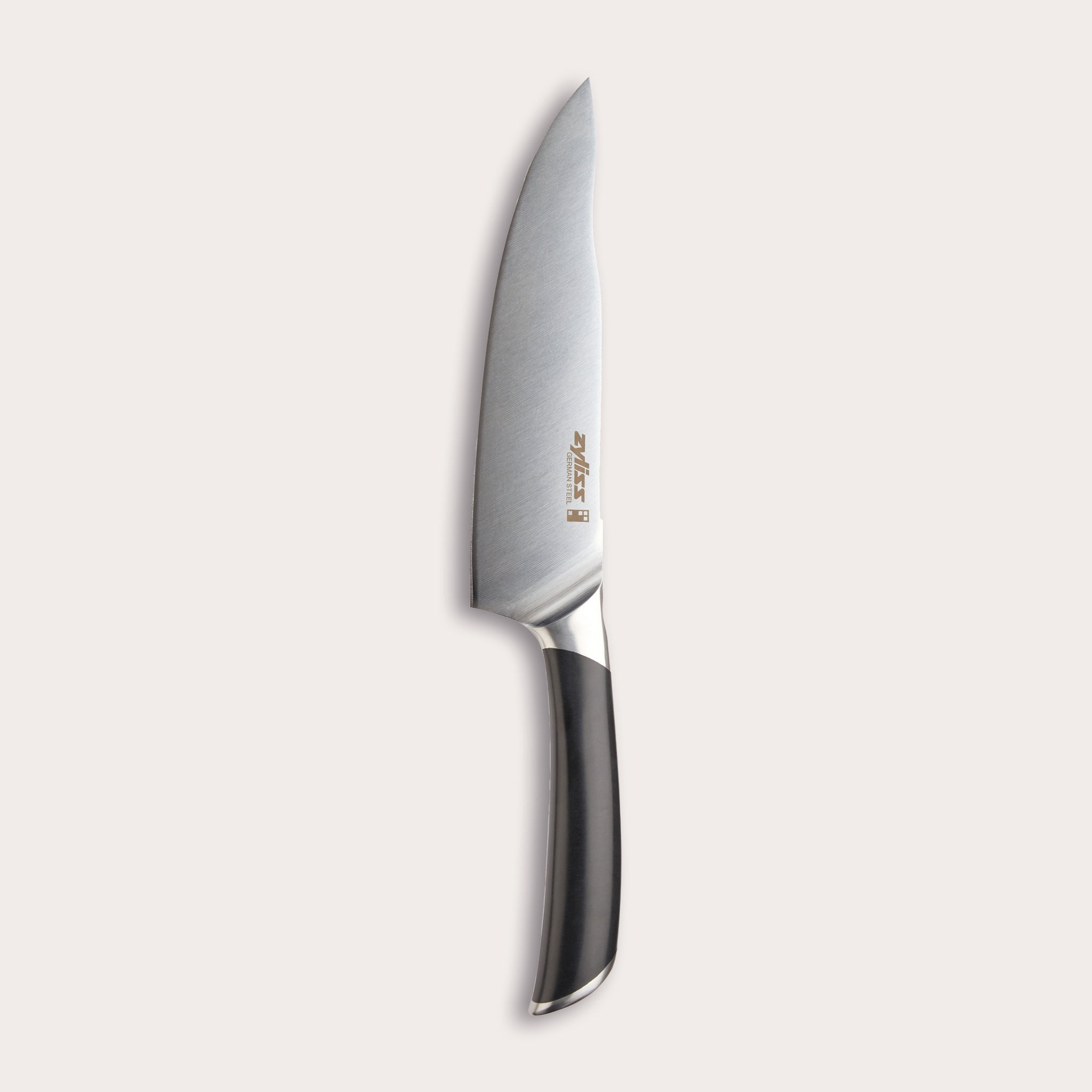 The Zyliss Comfort Pro Chefs Knife 20cm/8, with a German stainless steel blade and a black and silver ergonomic handle, is shown standing vertically on a light, plain background. 