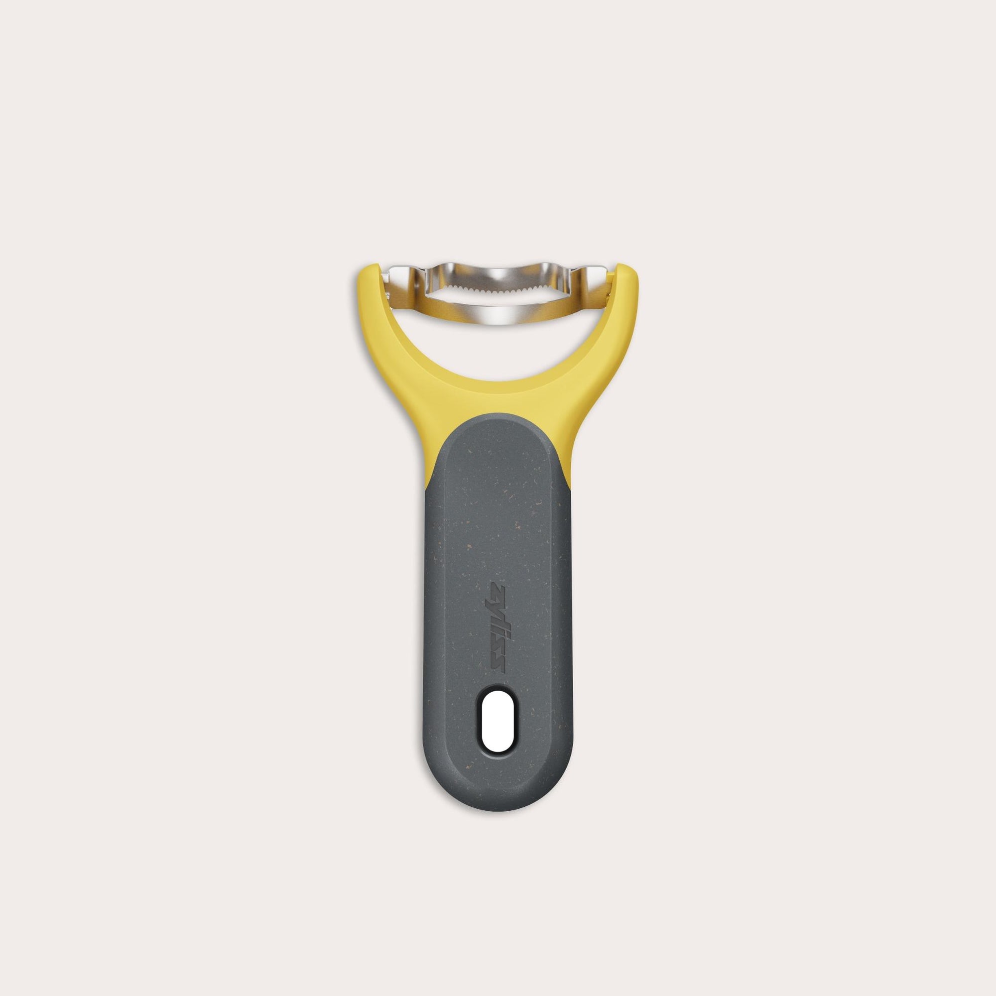 The Zyliss Corn Stripper, featuring a yellow and gray ergonomic handle and wide horizontal stainless steel blade for easy kernel removal, is shown on a plain white background. 