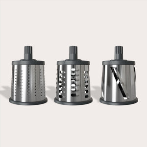 The Zyliss Gourmet Drum Grater Set is a kitchen essential, featuring three stainless steel drums with dark gray plastic tops and bases for fine grating, coarse grating, and slicing. 