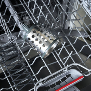 Close-up of a dishwasher interior with metal wire racks, a stainless steel basket, and a gray detergent drawer with a red accent strip.