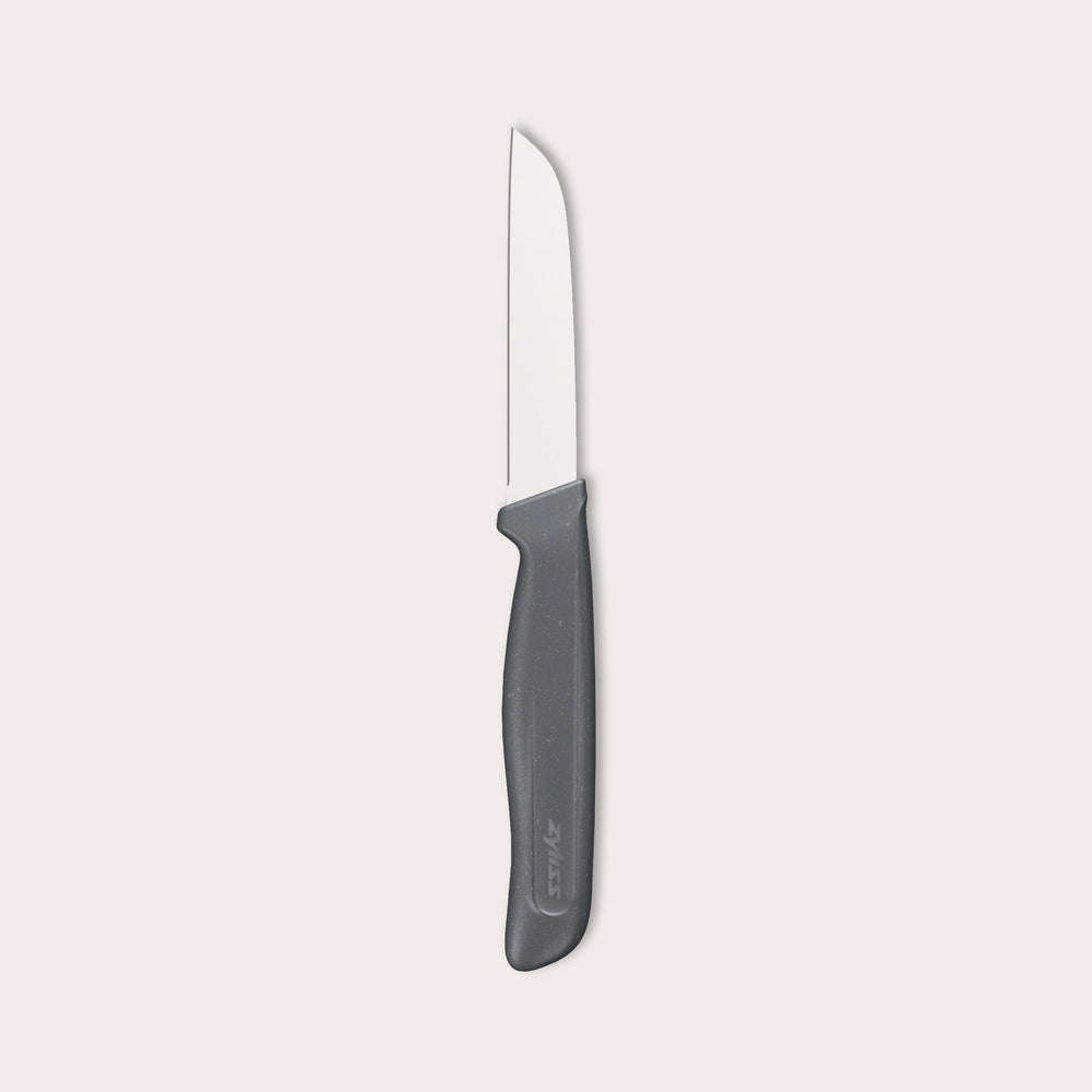 The Zyliss Vegetable Knife 9cm (3½) features a straight, narrow silver blade and a dark gray eco-friendly handle, ideal for precision cutting, shown on a plain light background. 
