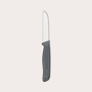 The Zyliss Vegetable Knife 9cm (3½) features a straight, narrow silver blade and a dark gray eco-friendly handle, ideal for precision cutting, shown on a plain light background. 
