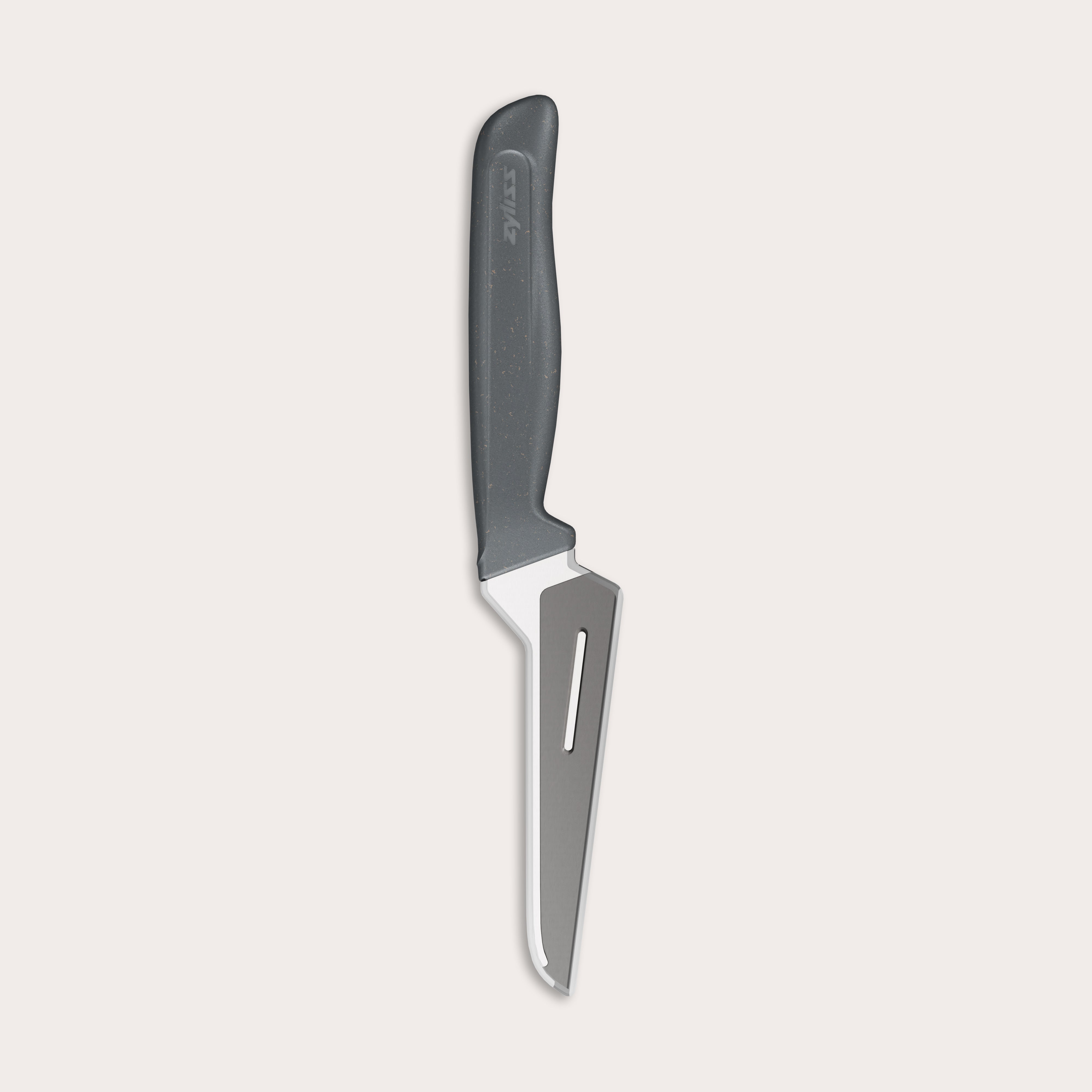 A stainless steel pie server with a black handle and a triangular, partially open blade designed for slicing and serving pie or cake.
