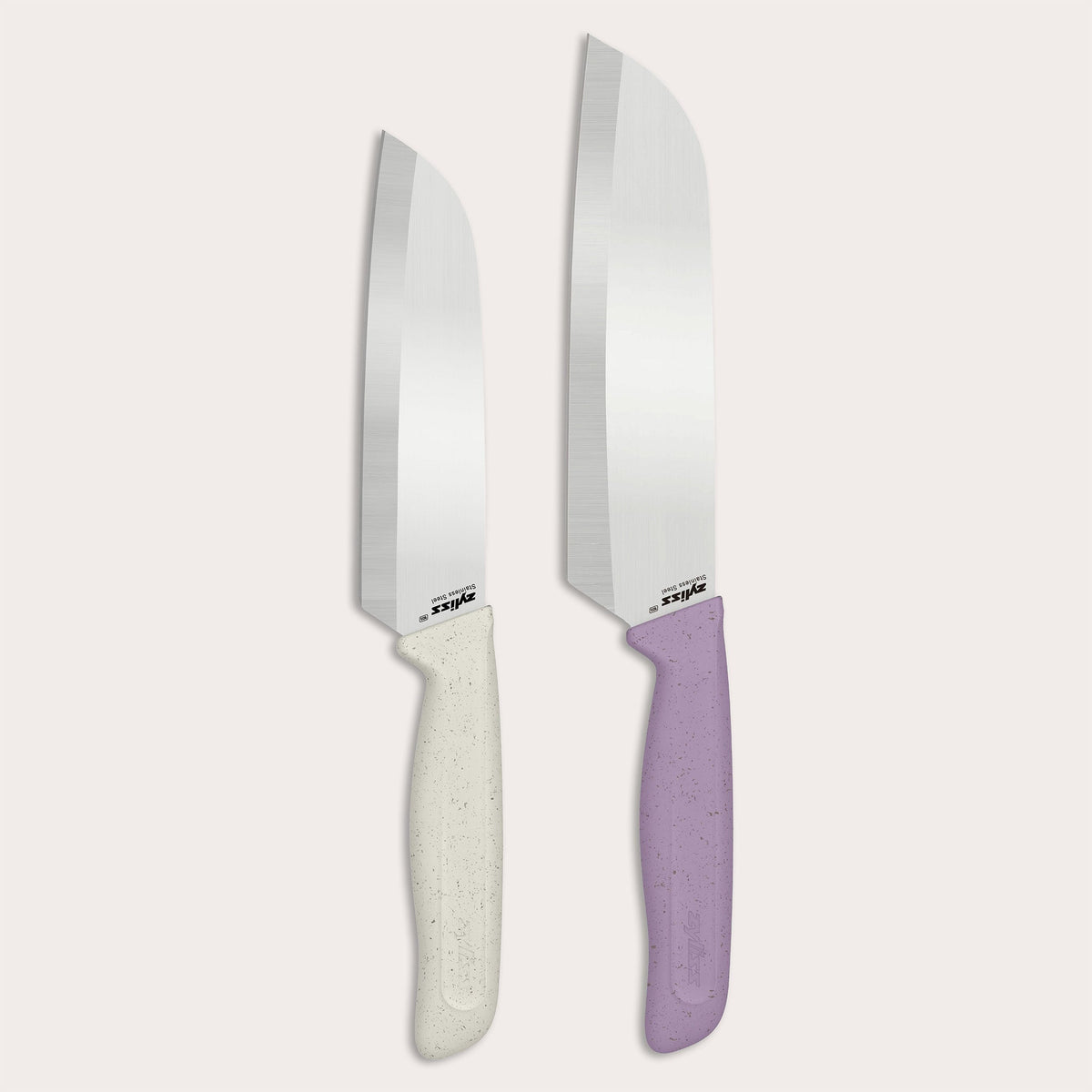 The Zyliss Classic 2 Piece Santoku Knife Set features two knives with stainless steel blades and ergonomic handles—one in speckled white and the other in speckled lavender—displayed side by side on a light background.