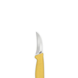 A small knife from the Zyliss Classic 3 Piece Peeling & Paring Knife Set with a curved blade and a yellow handle, displayed vertically against a plain white background.