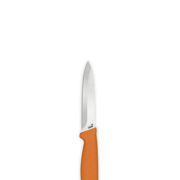 A paring knife from the Zyliss Classic 3 Piece Peeling & Paring Knife Set with an orange handle and stainless steel blade, shown vertically against a plain white background.