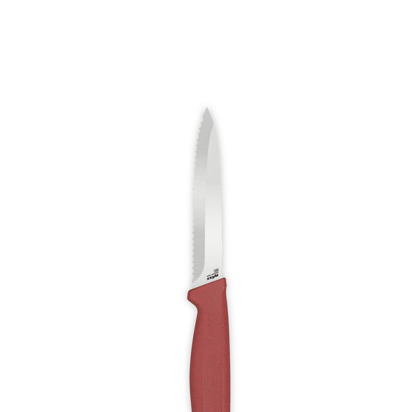 A red-handled serrated knife from the Zyliss Classic 3 Piece Peeling & Paring Knife Set, centered against a plain white background.