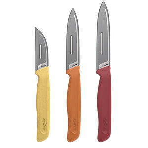 Three knives with yellow, orange, and red handles arranged side by side; each knife in the Zyliss Classic 3 Piece Peeling & Paring Knife Set has a stainless steel blade showing the Zyliss name.