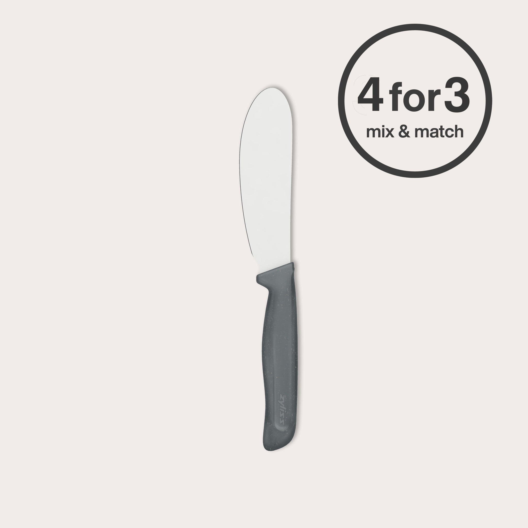 A Zyliss Spreading Knife 12cm/5" with an eco handle and gray accents rests on a light background. A “4 for 3 mix & match” circular label appears in the top right corner.